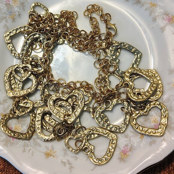 Vtg Y2K Multi-Layer Gold-Tone Necklace Hammered Heart Charms Lots of Love - Picture 1 of 6